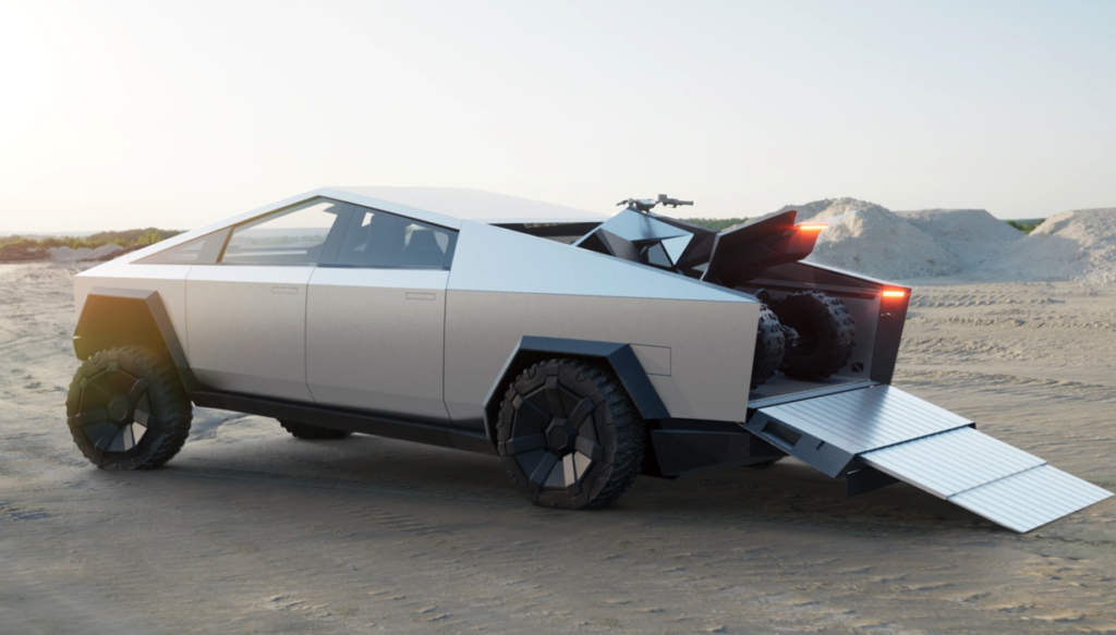 Tesla Cybertruck with height-adjustable suspension with built-in tailgate ramp.